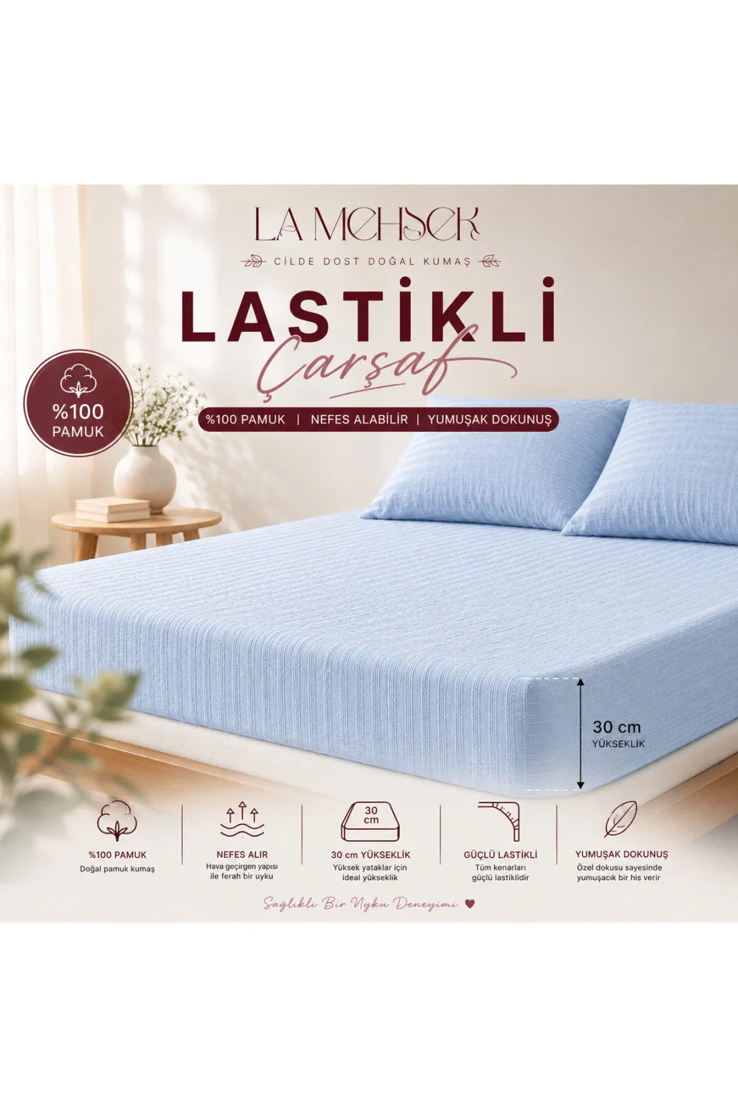 100% Pamuk Penye Nefes Alabilen Kumaş Lastikli Çarşaf