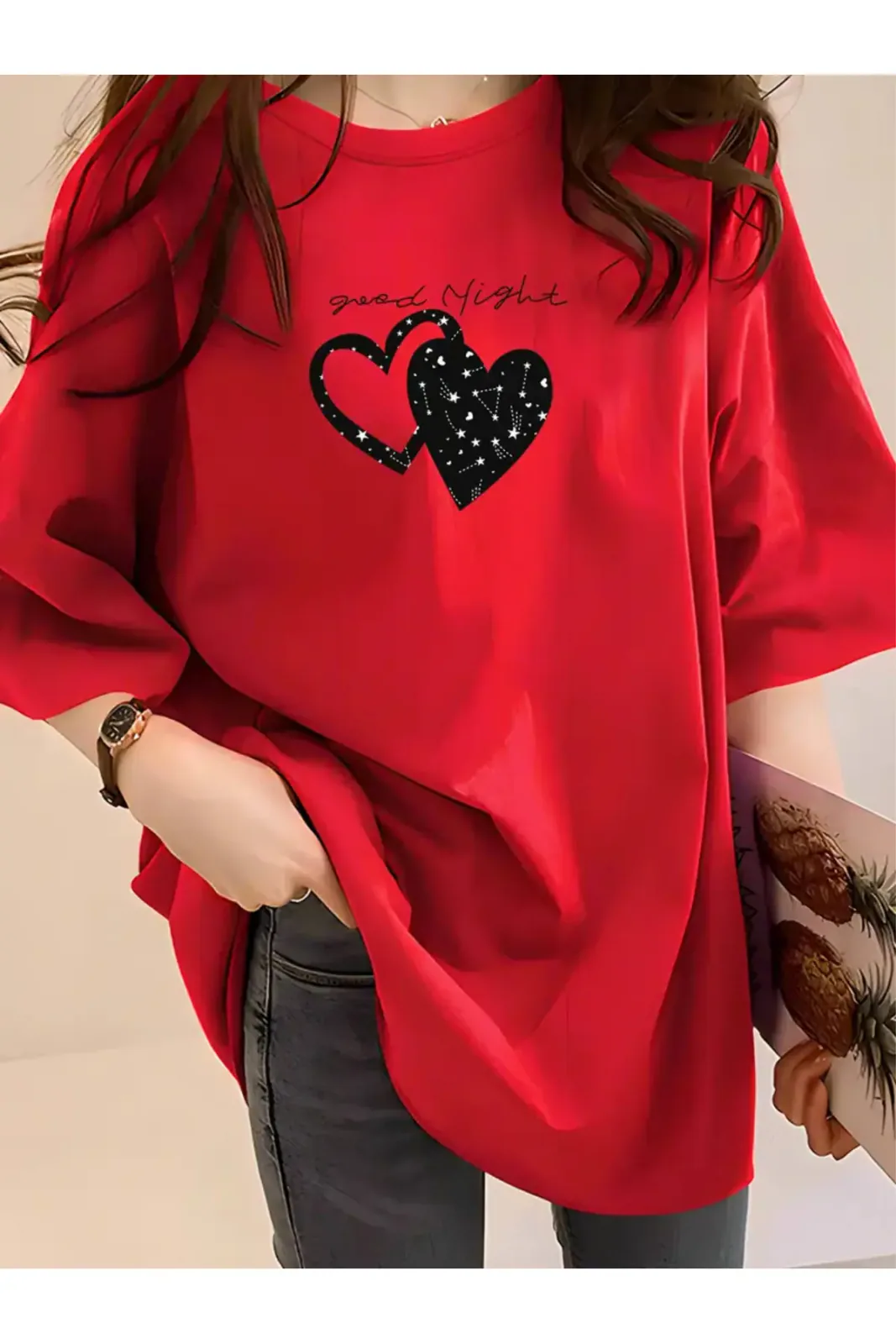 Good Night Kalp Baskılı Oversize Tişört