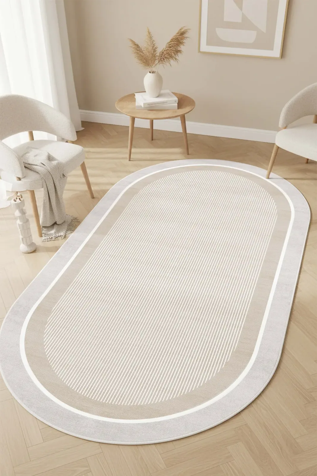 Makinede Yıkanabilir Kaymaz Taban Leke Tutmaz Bej Oval Mutfak Halısı