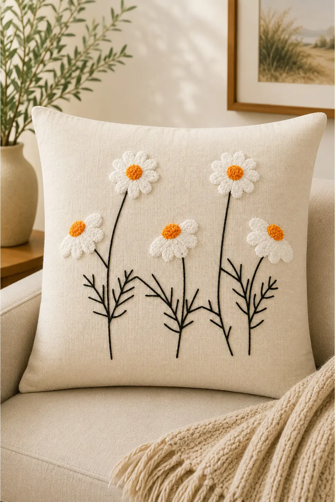 Dekoratif Punch Kırlent Kılıfı Keten Kumaş Gizli Fermuarlı 43x43