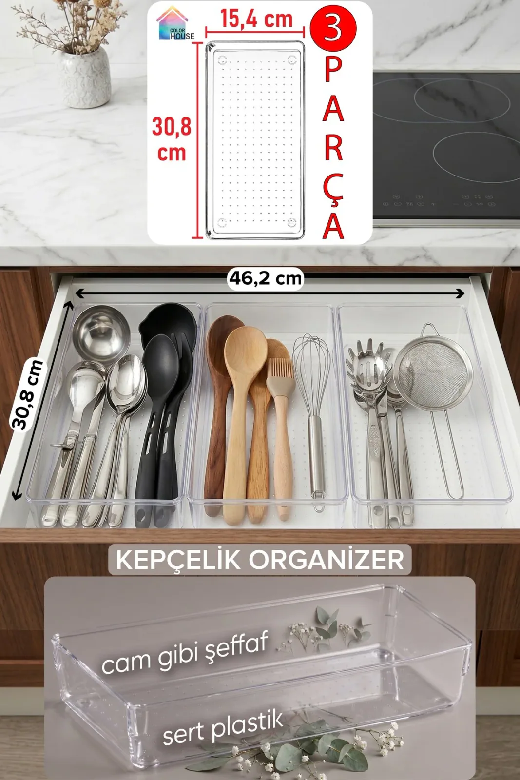 3 Adet Kepçelik Organizer Şeffaf Çekmece İçi Düzenleyici