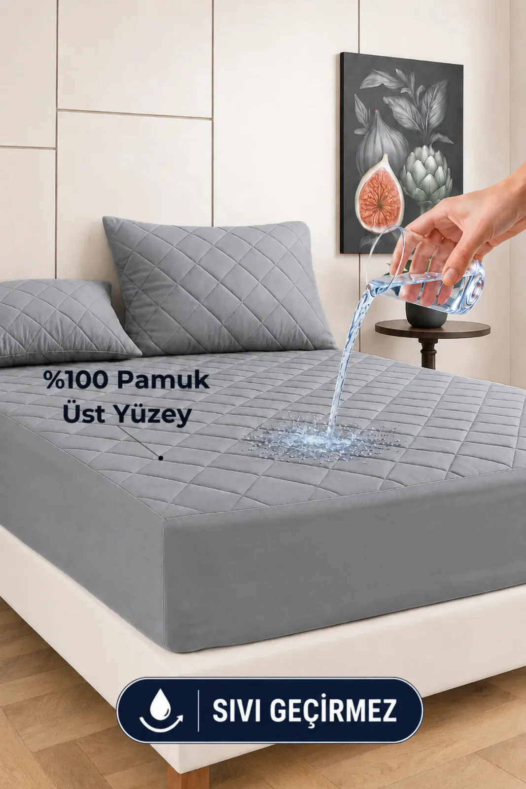 Premium Gri %100 Pamuk Kapitone Fitted Yatak Koruyucu Alez