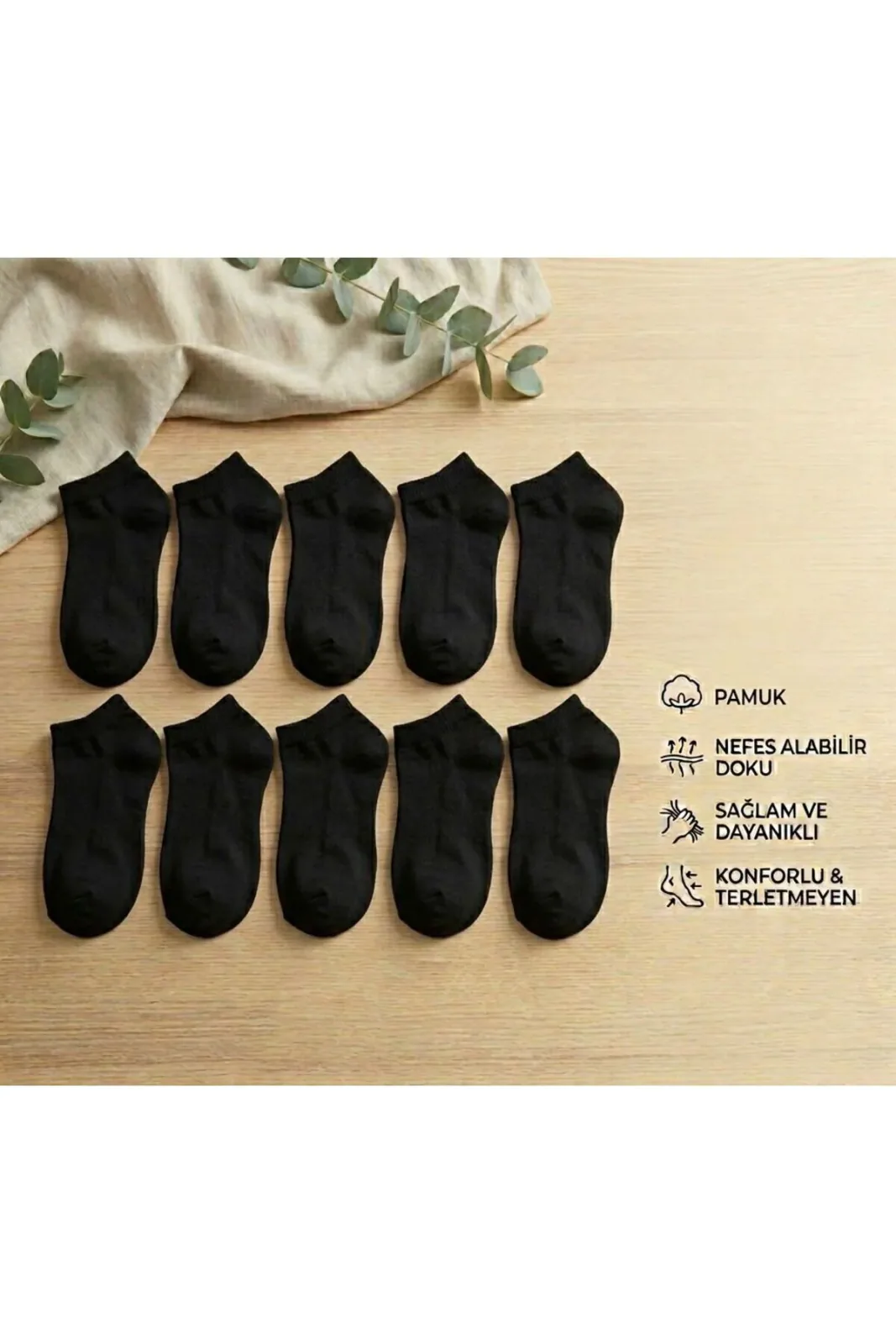 10 Çift Düz Renk Unisex Siyah Kısa Patik Çorap