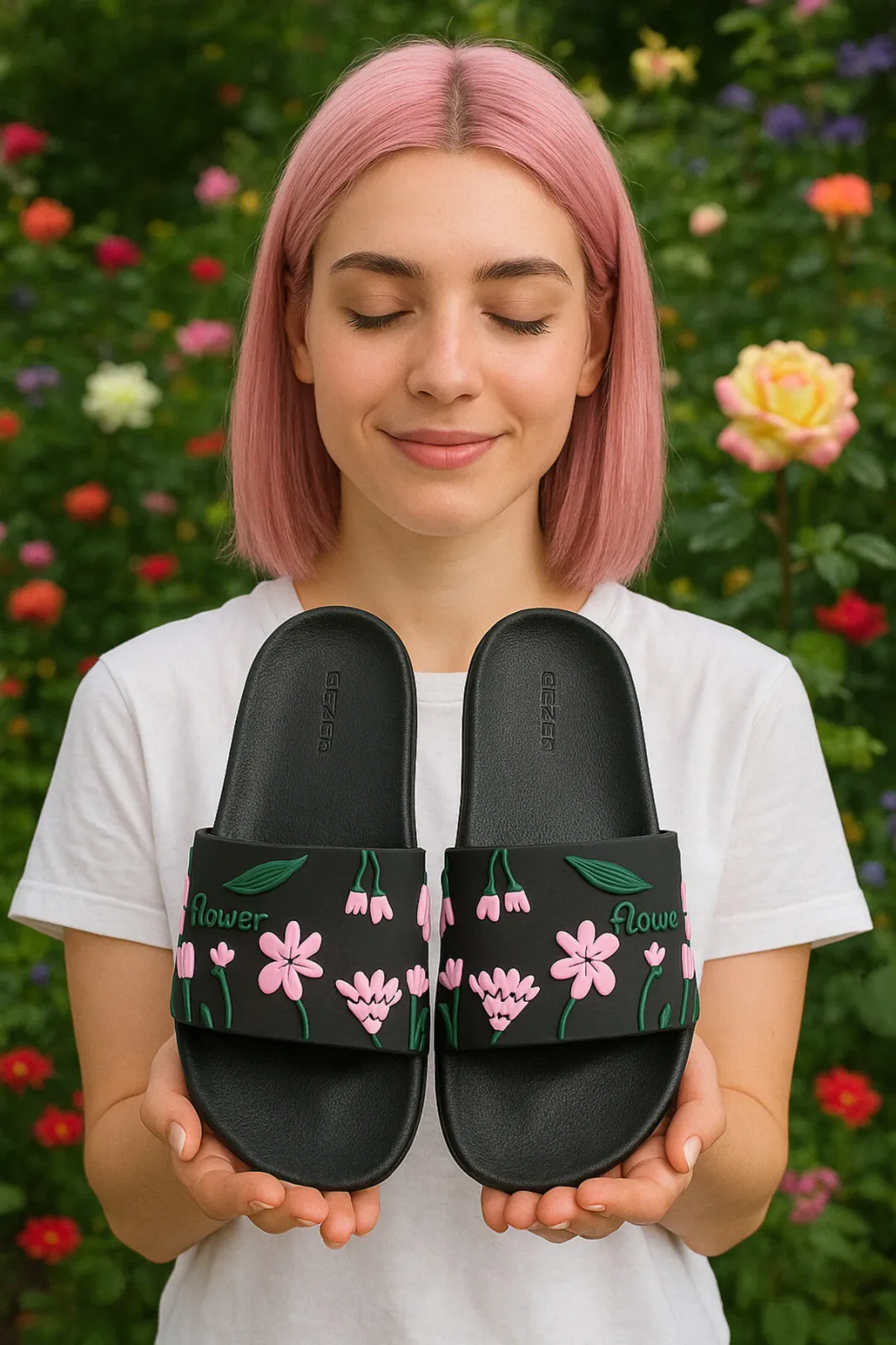 Siyah Flower Havuz Terlik - Plaj Çiçek Desenli Terlik