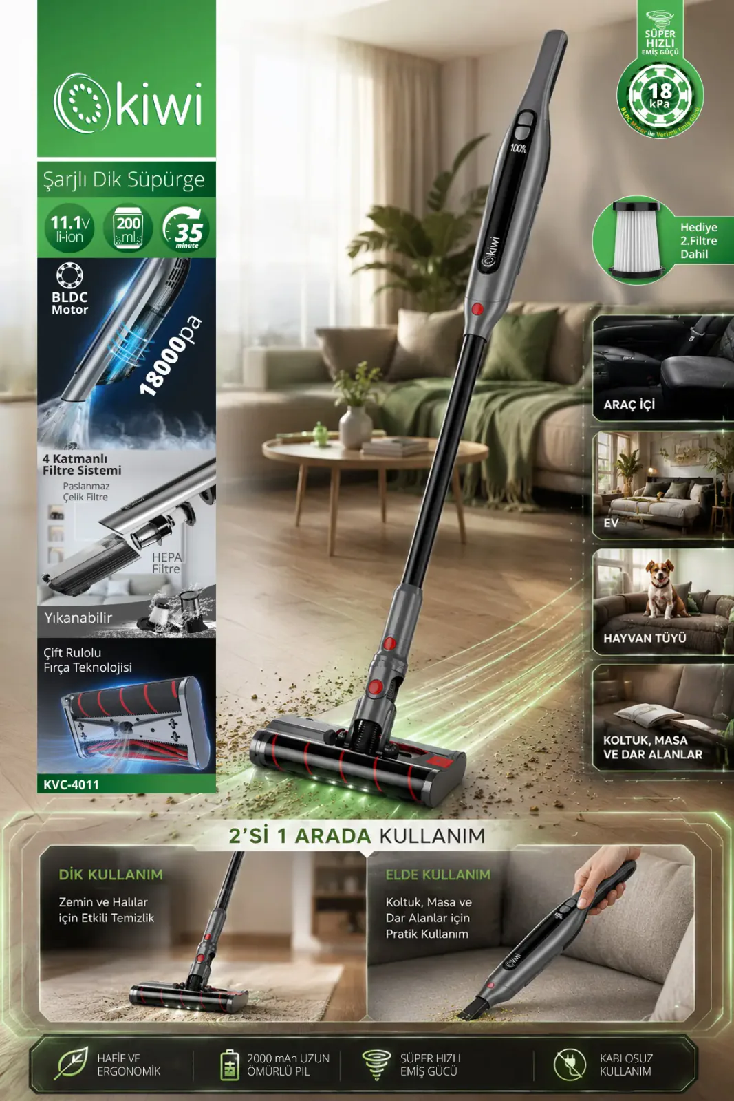 KVC-4011 BLDC Şarjlı Dikey Süpürge