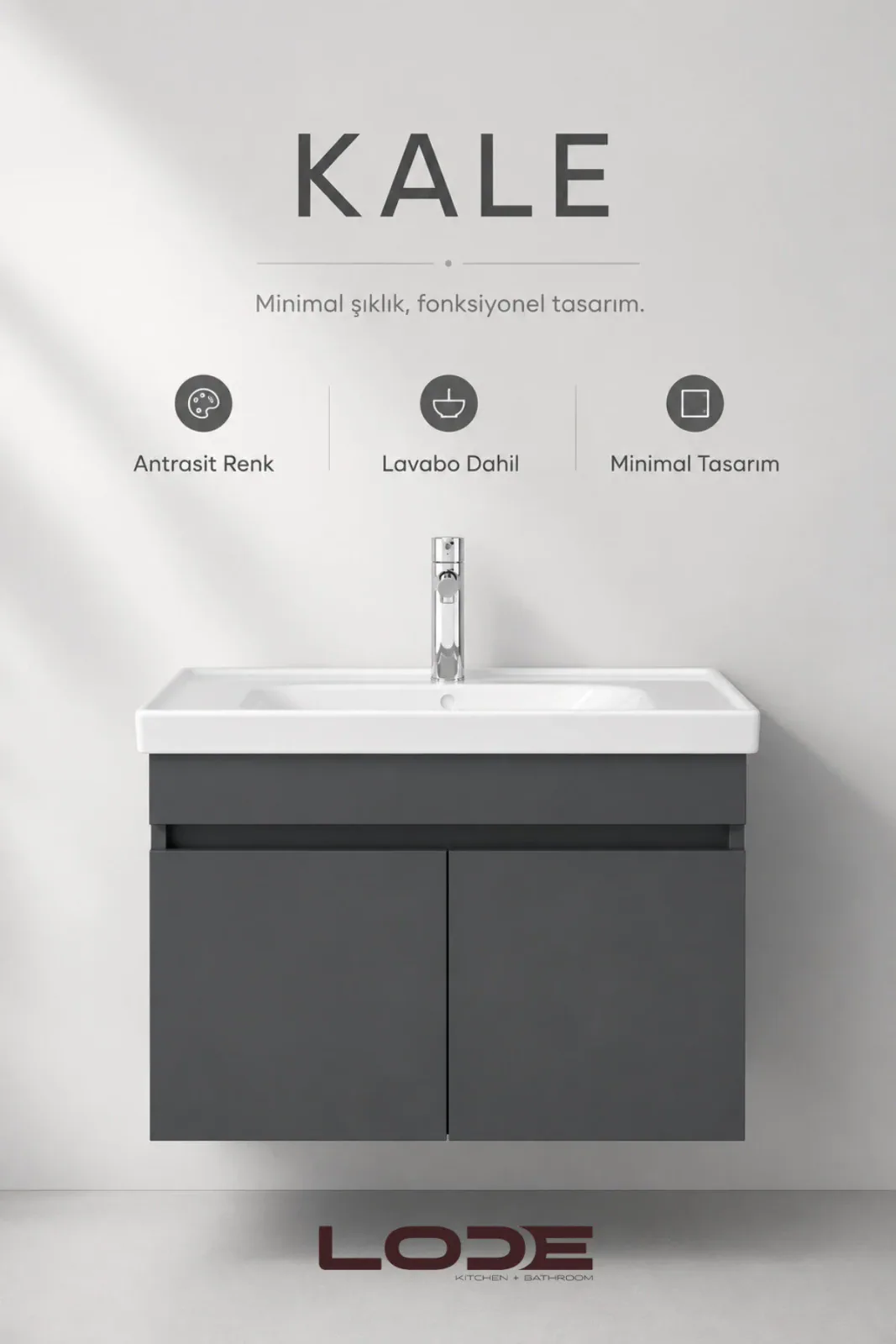 KALE 70Cm Antrasit Demonte Lavabolu Alt Banyo Dolabı