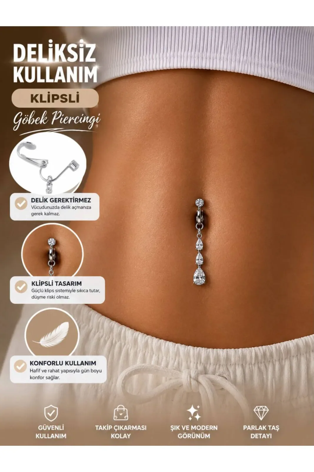 Delik Gerektirmeyen Klipsli Deliksiz Göbek Piercingi