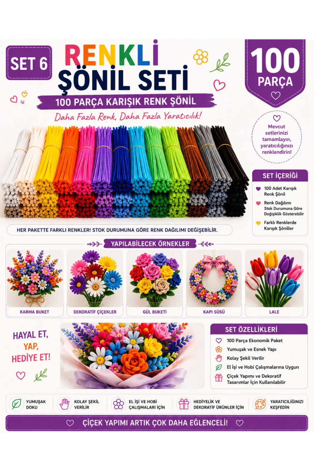 Sönil Setleri SET 6 - RENKLİ ŞÖNİL SETİ 100 Parça