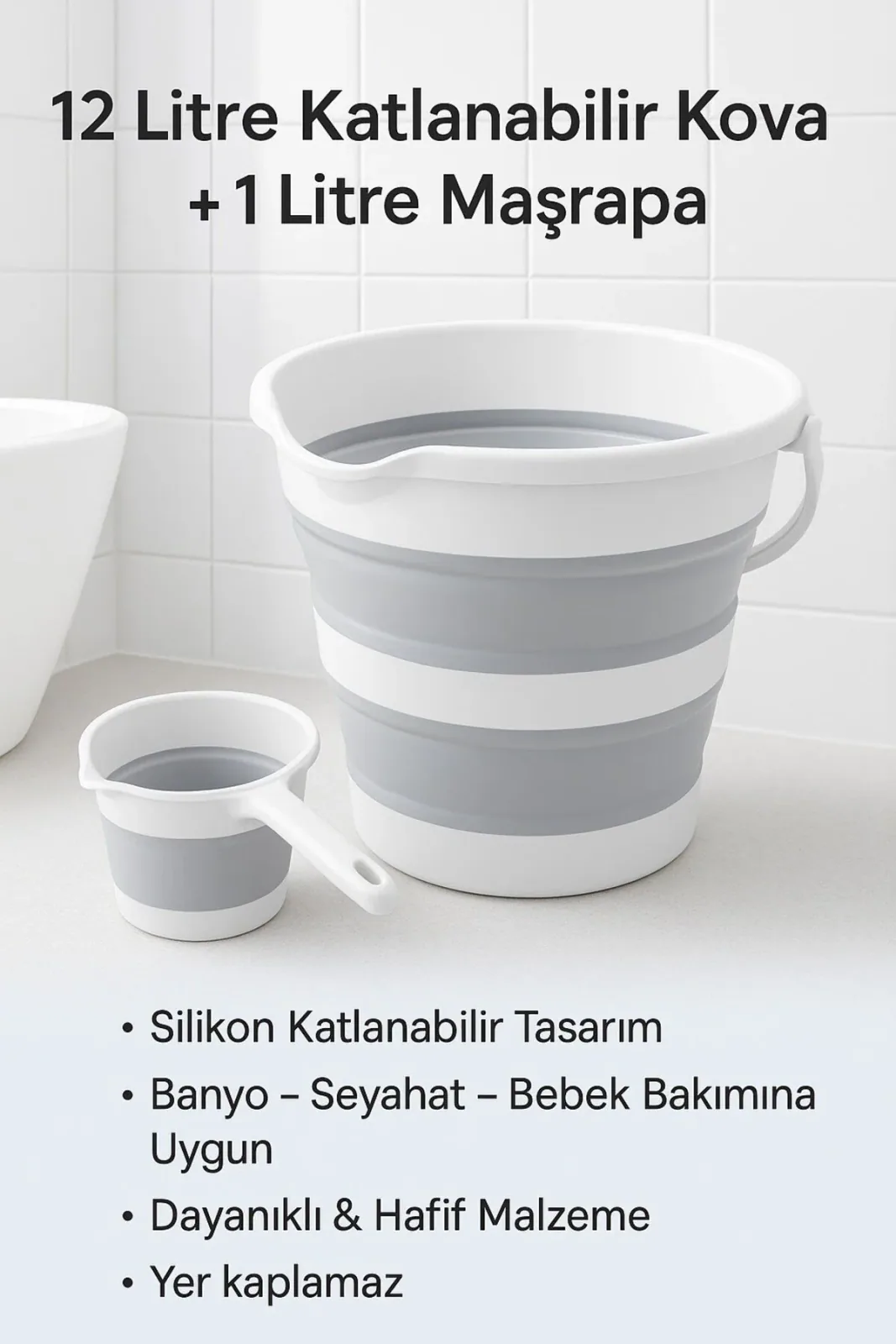 Gri Katlanır Su Kovası Ve Maşrapa