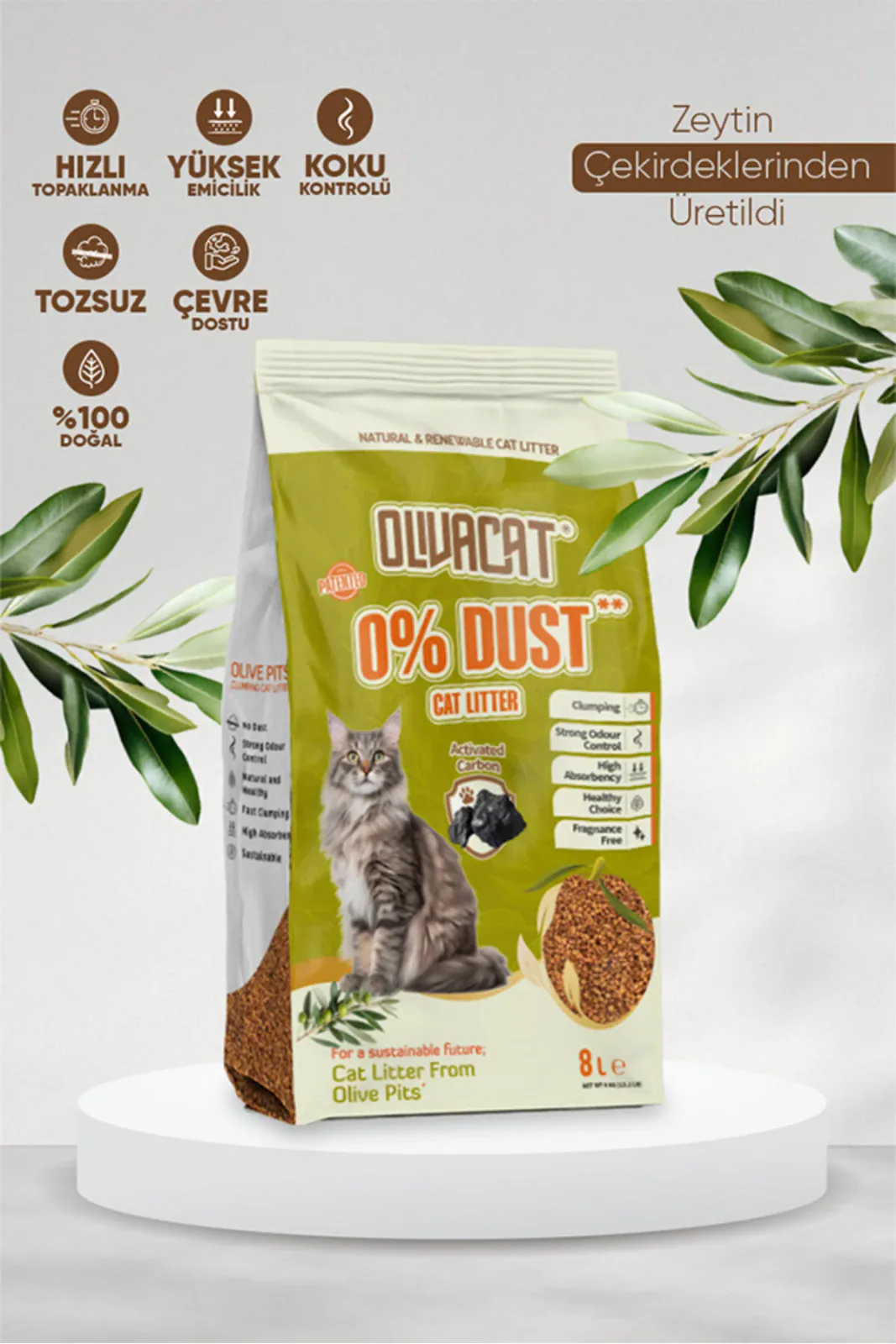 Zeytin Çekirdeğinden Üretilen Aktif Karbonlu Doğal Kedi Kumu 8 L