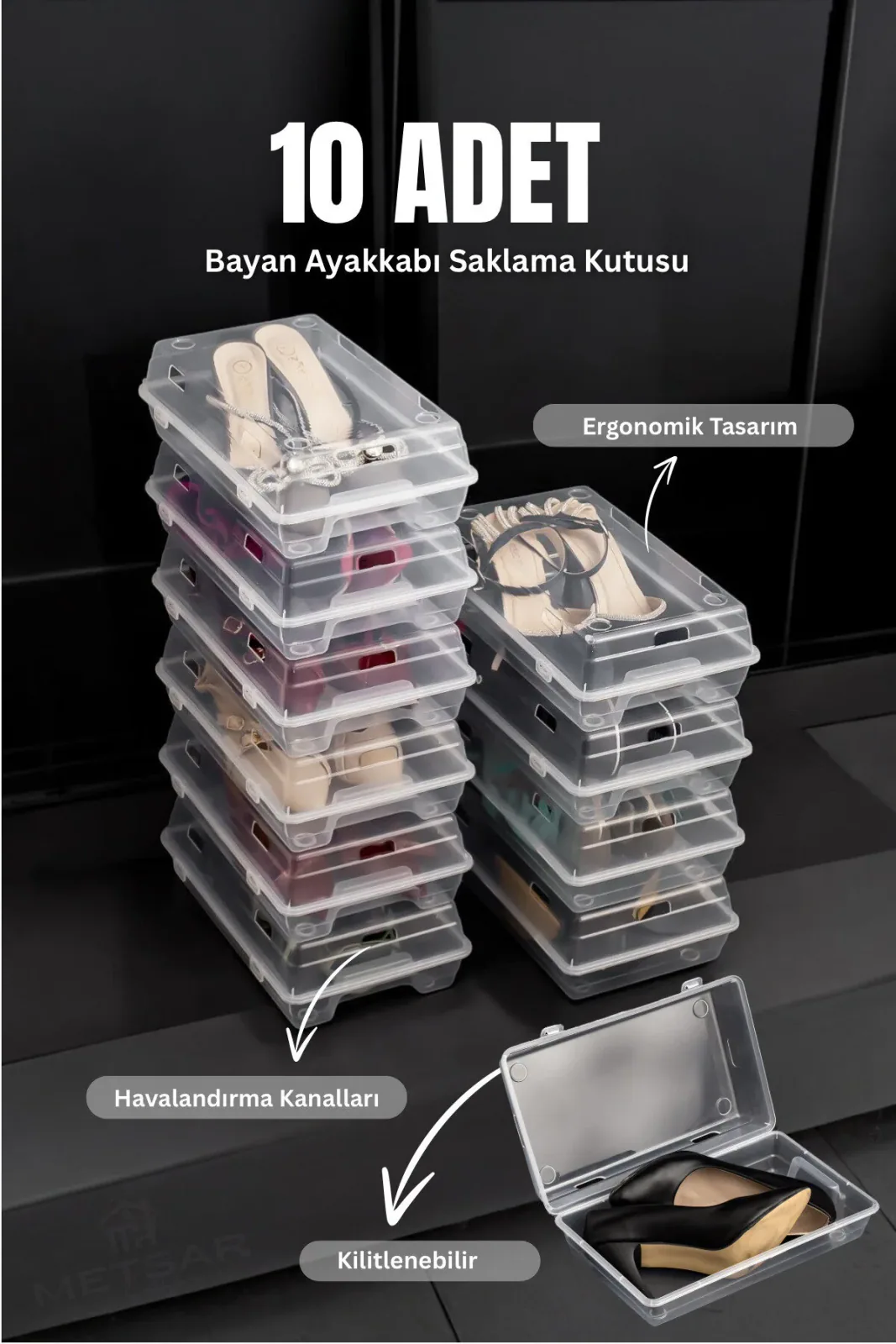 10’lu Şeffaf Kadın Ayakkabı Saklama Kutusu – Hava Delikli, Istiflenebilir Organizer