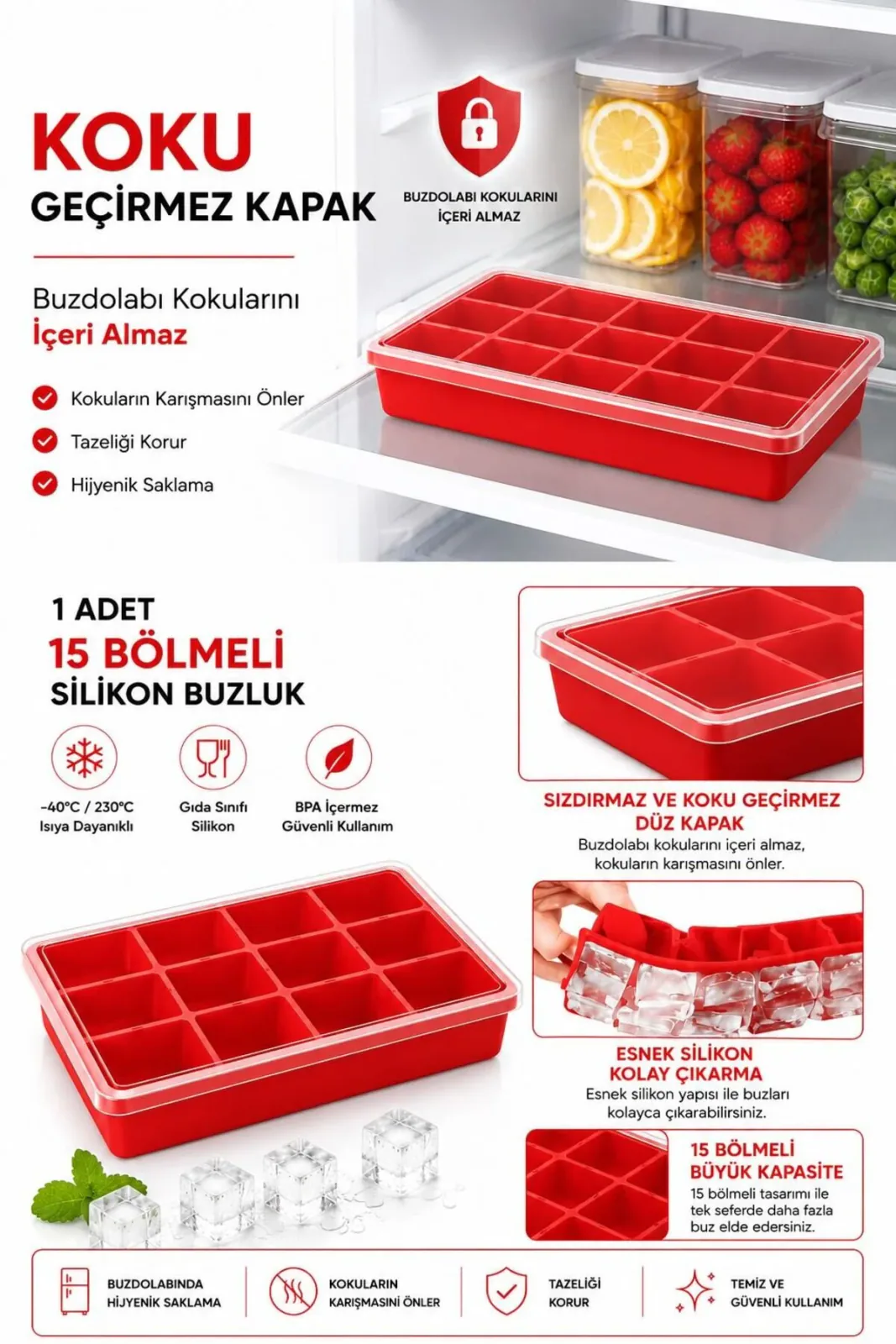 Silikon Kapaklı Buzluk Kalıbı 15 Li Kırmızı