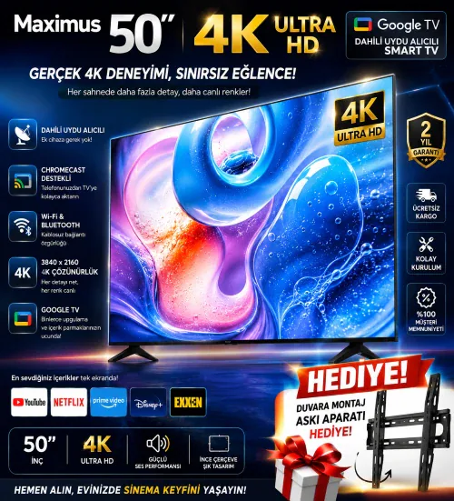 MAXIMUS 50" ANDROID LED TV + Aski Aparatı Hediyesi