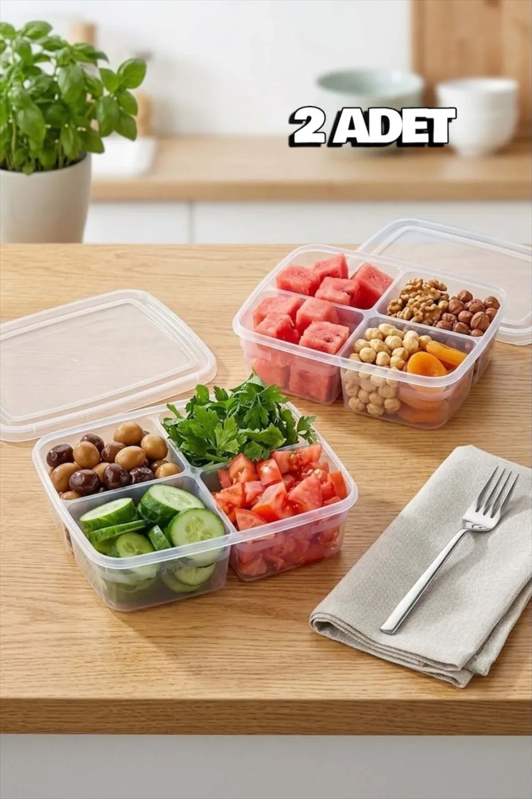 Large 2 Adet 4 Bölmeli Öğünlük Saklama Kabı