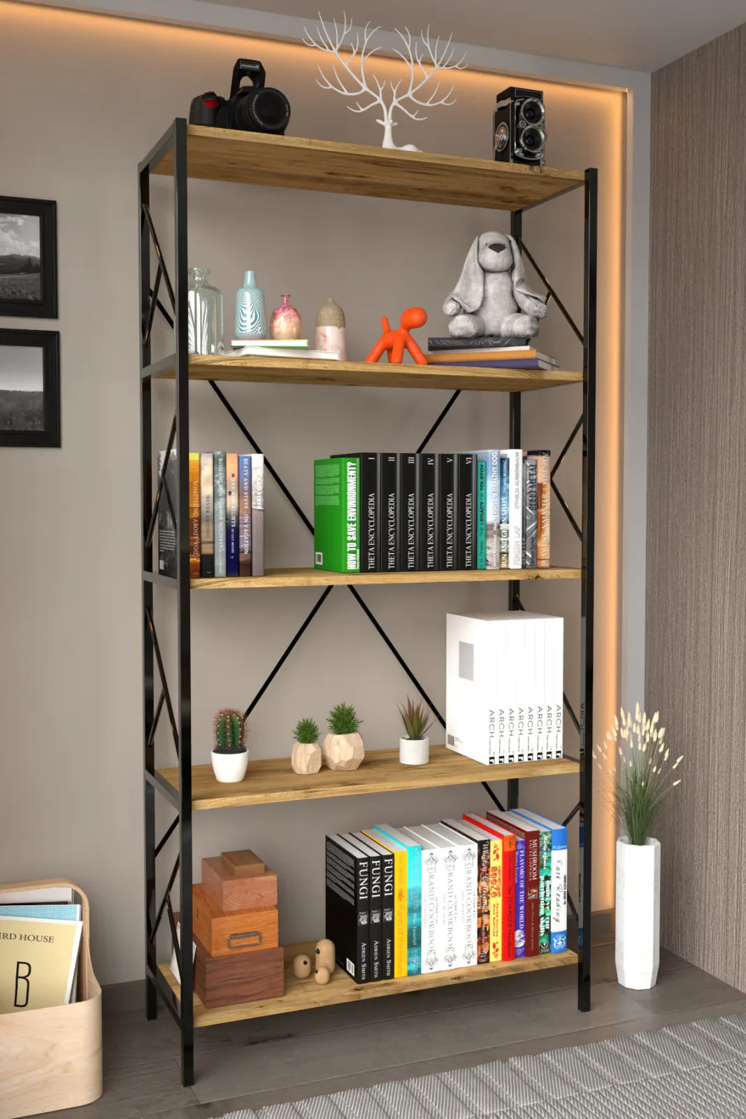 5 Raflı Kitaplık Dekoratif Raf – 180x90x30