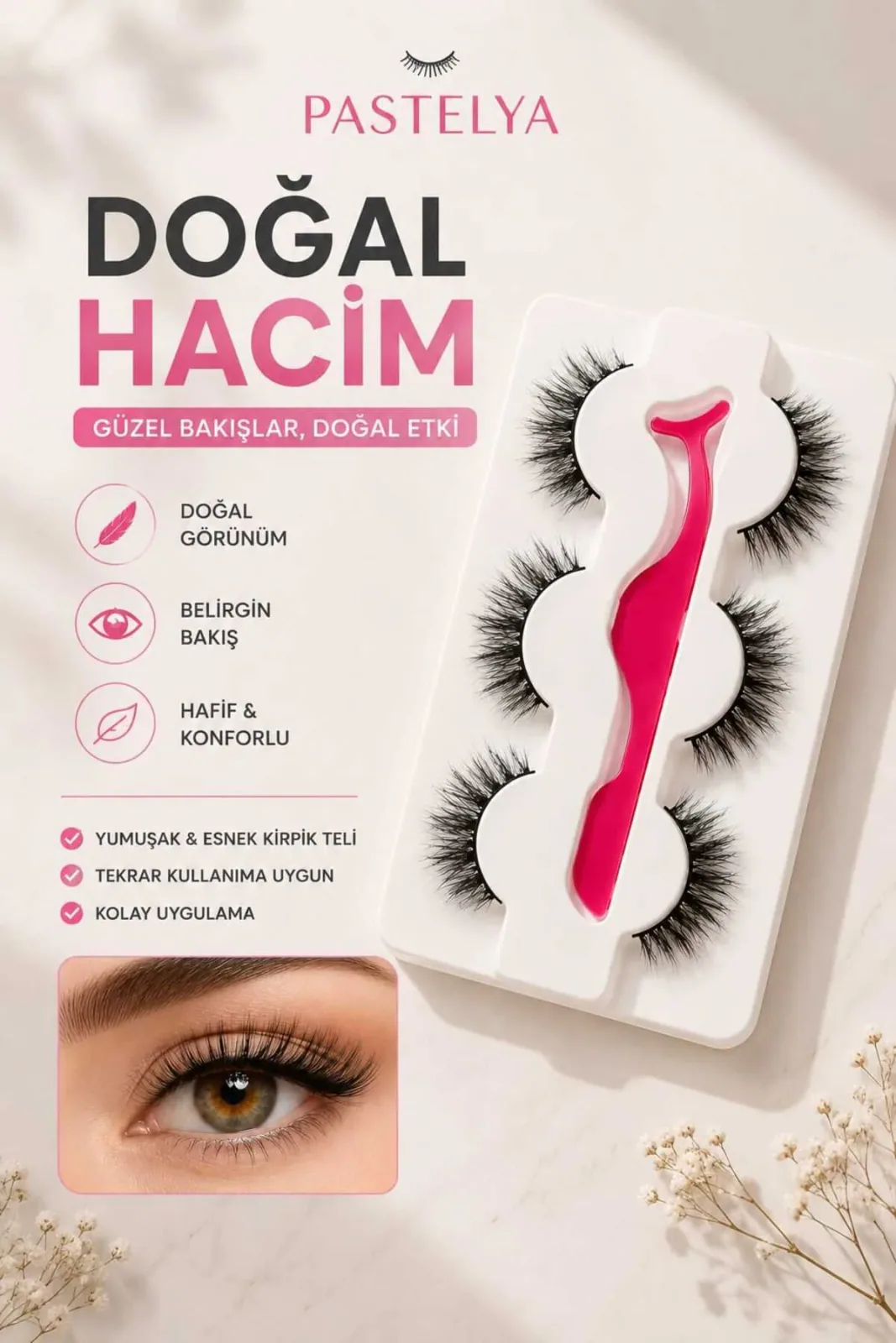 Doğal Ipek Takma Kirpik 3 Çift 3D 48 Kirpik Takma Aparatı
