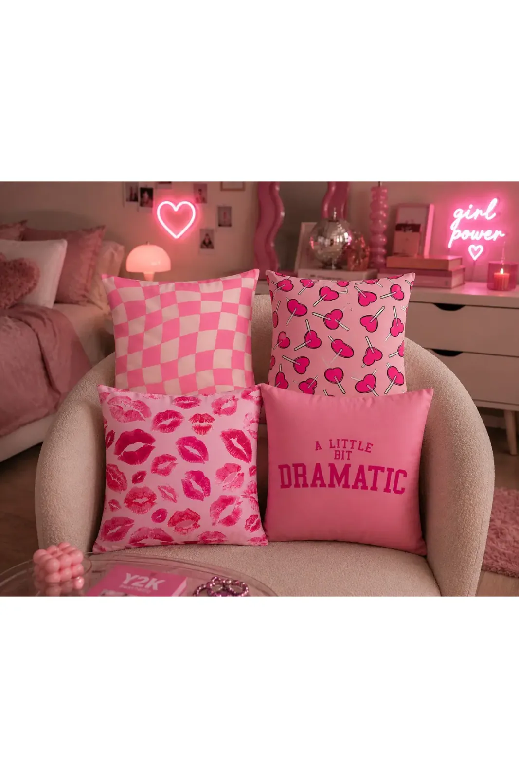4'lü Y2K Pembe Dekoratif Kırlent Kılıfı Seti