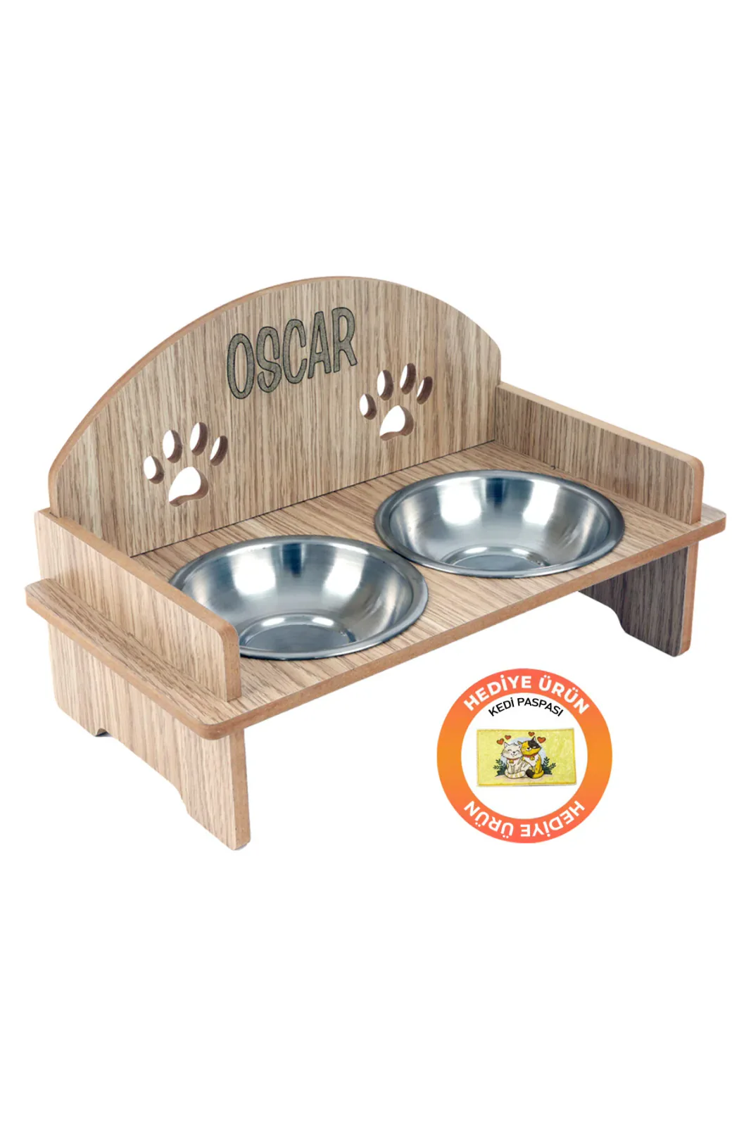 Ahşap Özel İsim Baskılı Oval Kedi Köpek Mama Su Kabı