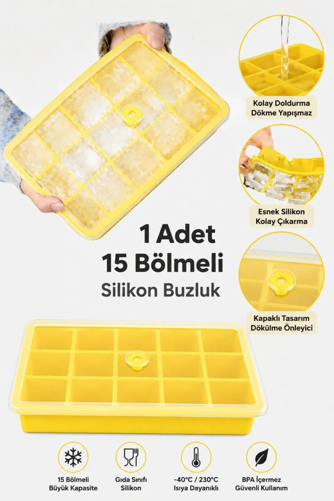 Silikon Kapaklı Buzluk Kalıbı 15 Li Sarı