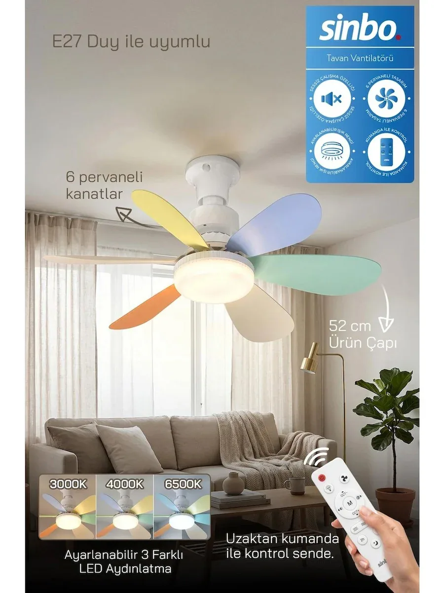 Sinbo SF-7708 Kumandalı Tavan Vantilatörü LED Aydınlatmalı