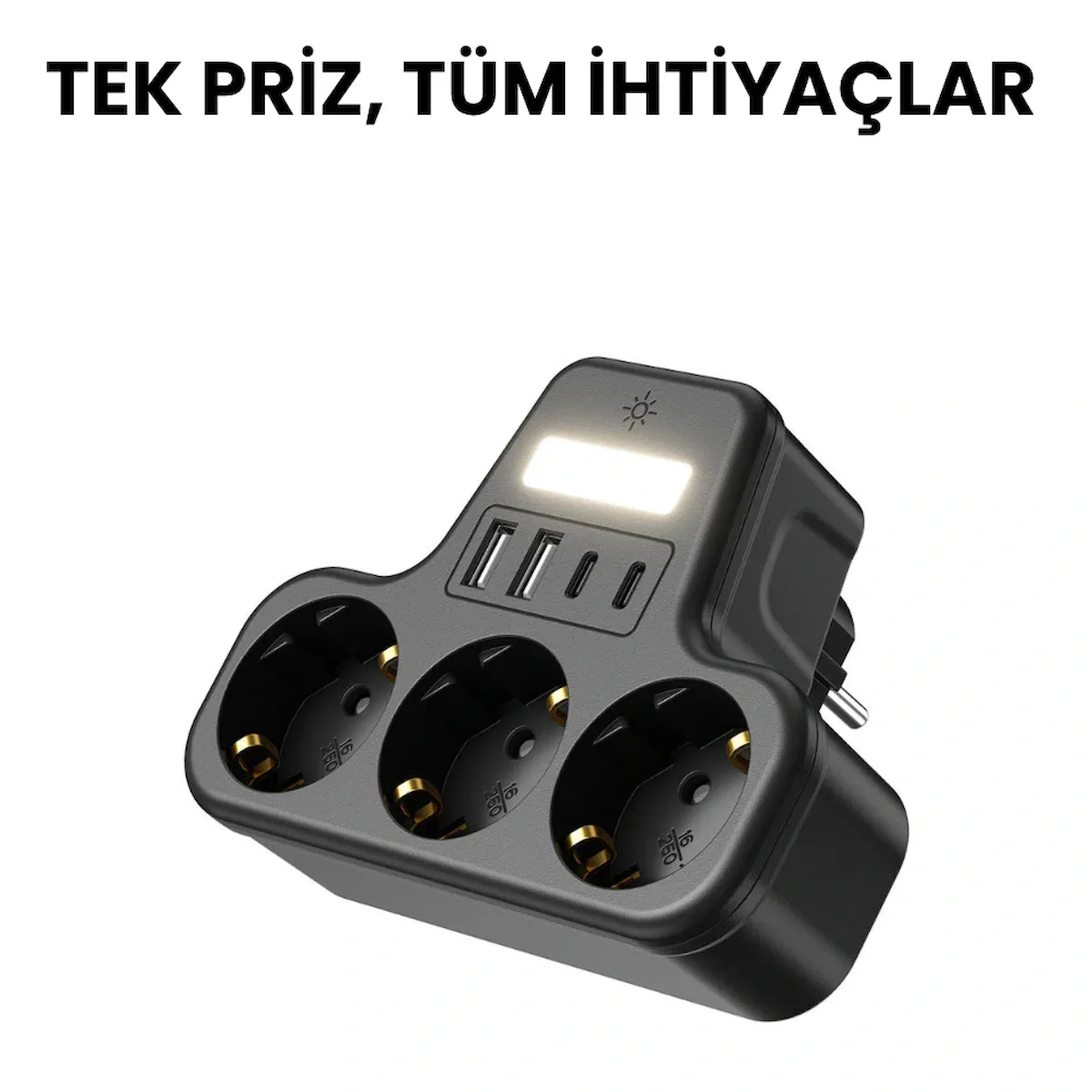 3’lü Duvar Tipi Akım Korumalı Priz | 2 USB-A + 2 Type-C Girişli