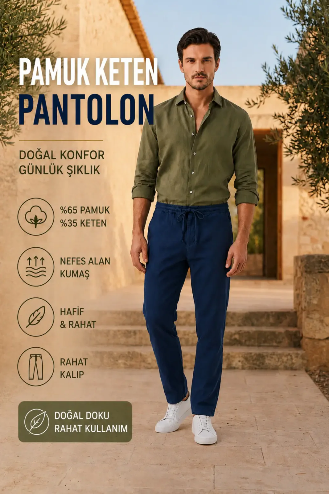 Erkek Lacivert Pamuk Keten Yazlık Pantolon