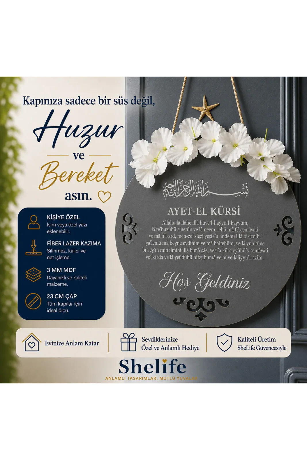 Ayetel Kürsi Kapı Süsü 23 cm Ahşap Görünümlü Dekor