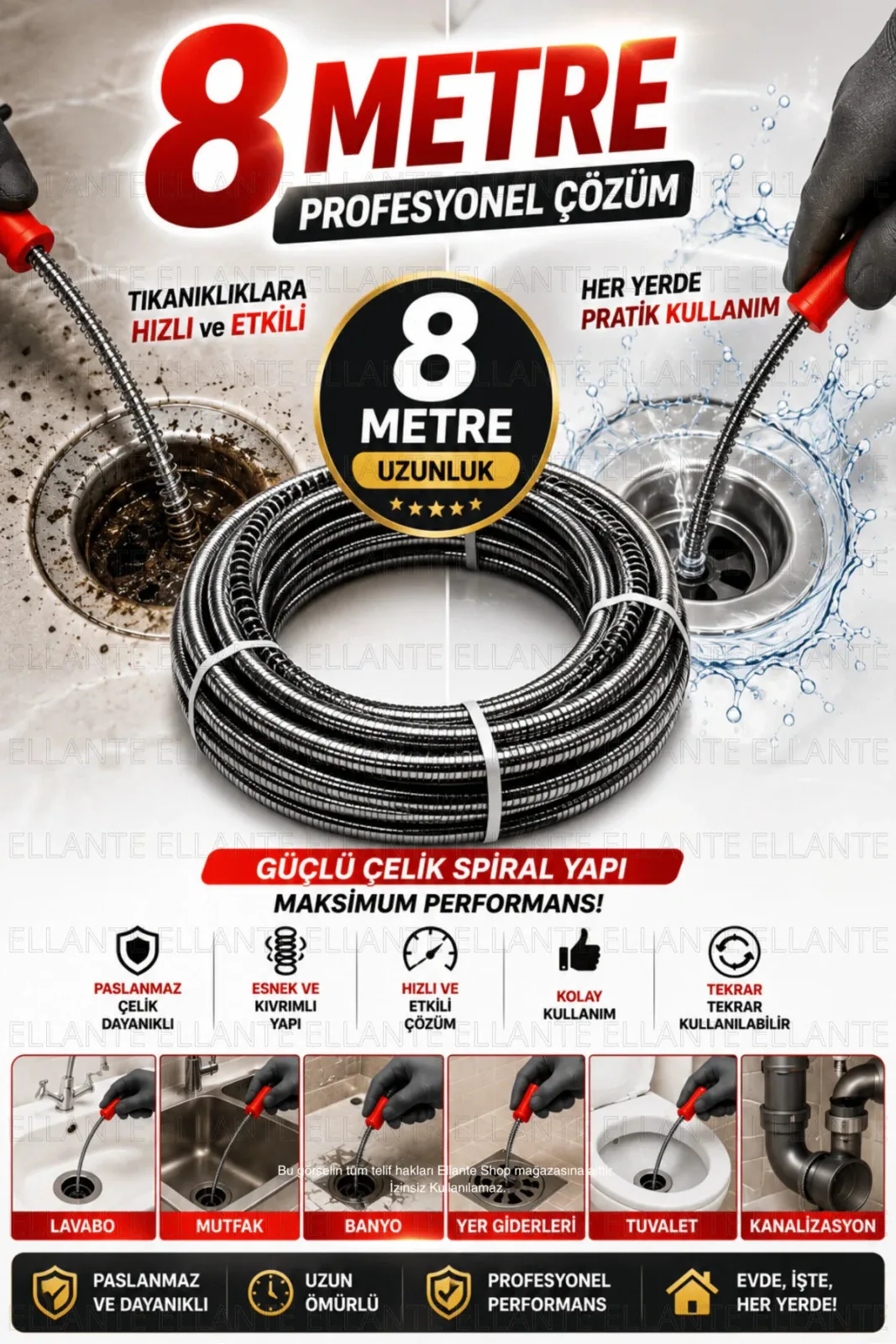 8 Metre Profesyonel Spiral Gider Açma Teli