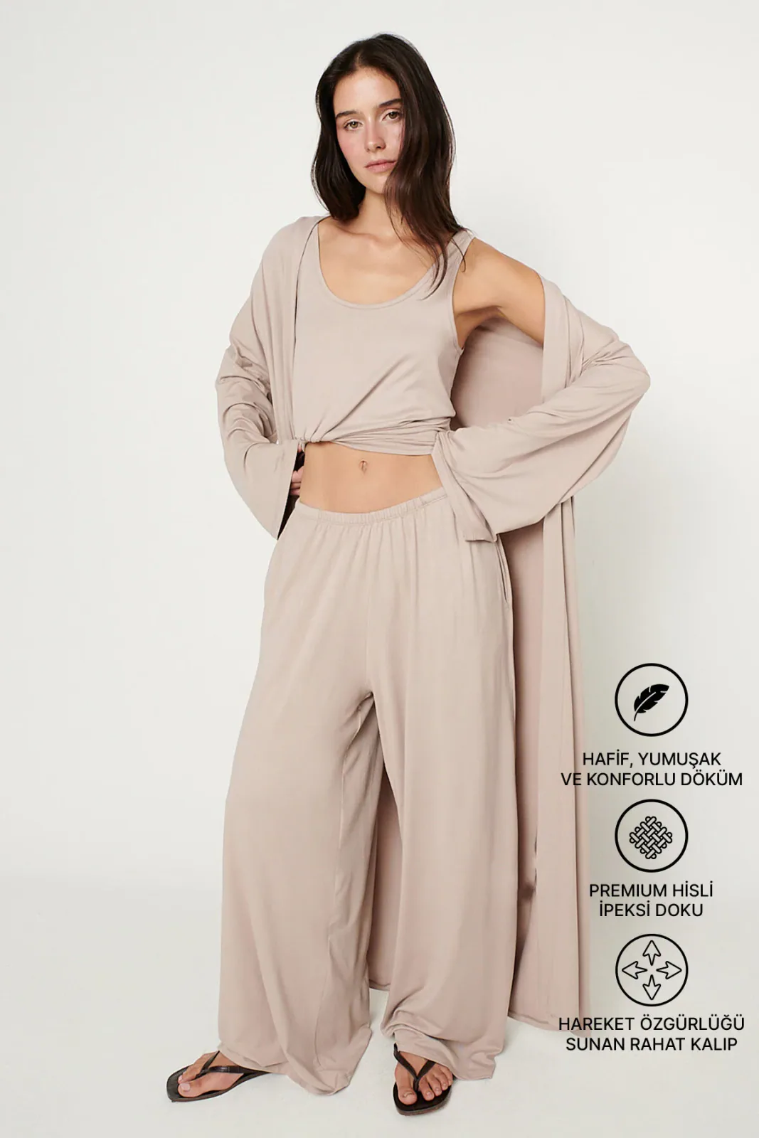 Kadın Bej Esnek Kimono Premium Viskon