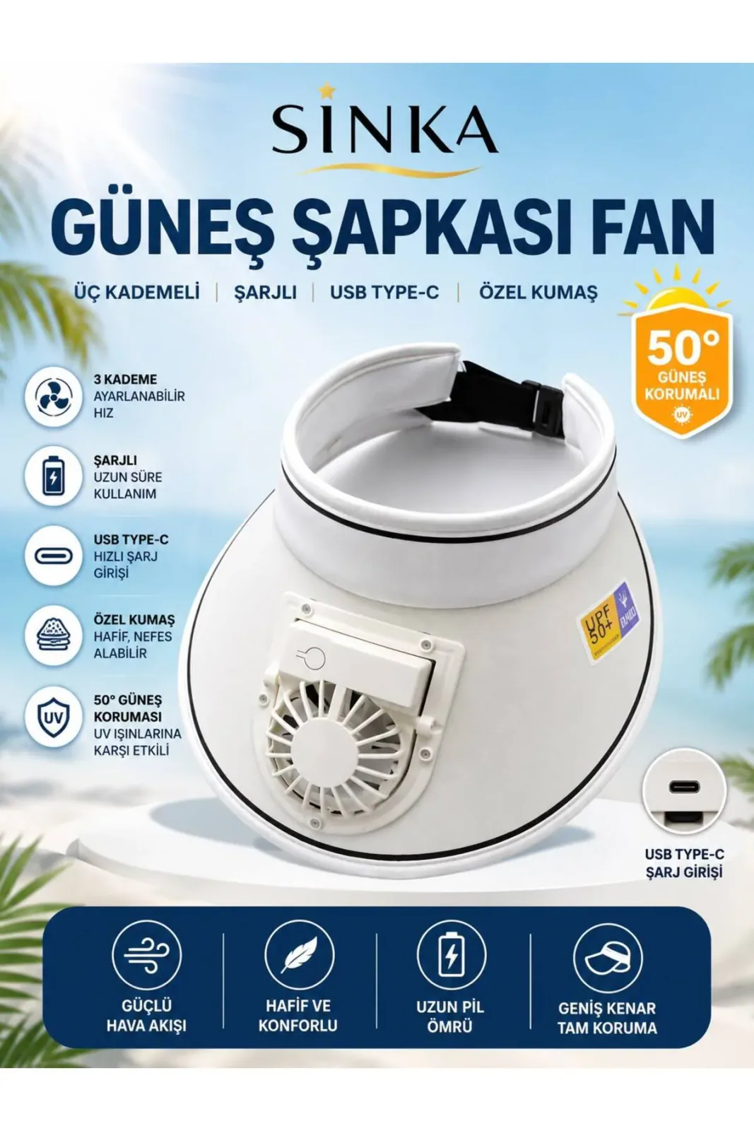 Şapka Fan Güneş Koruyucu 50+ Şarjlı 3 Kademeli