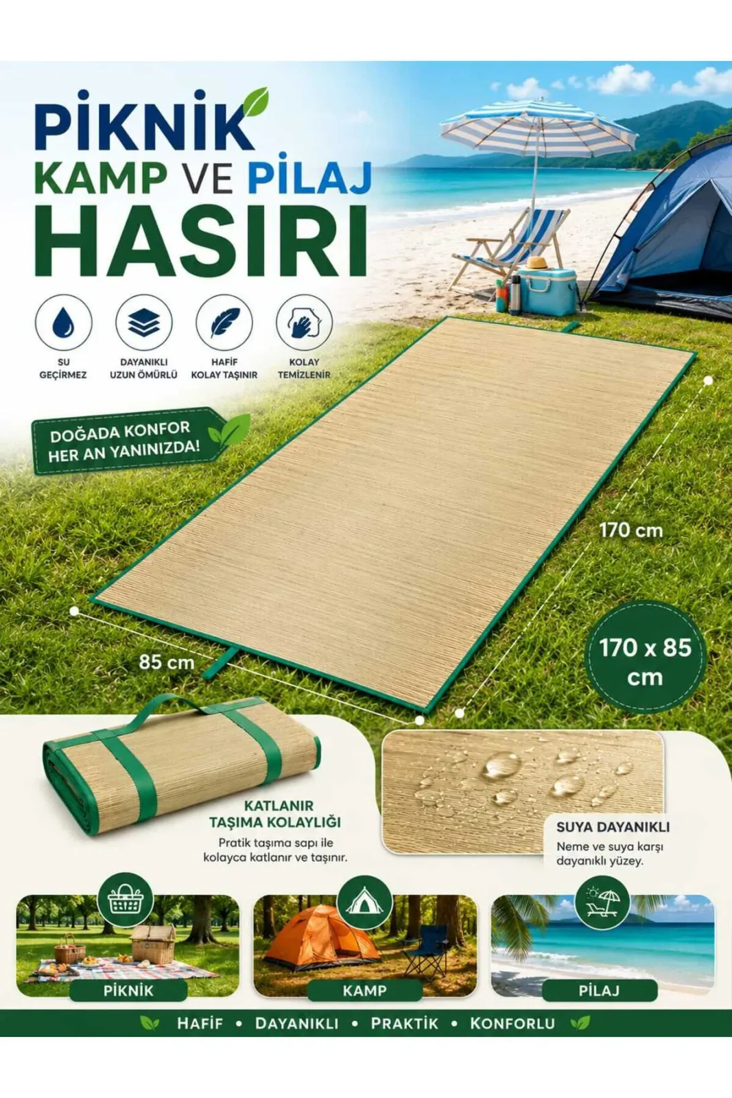 170x85 cm Katlanabilir Su Geçirmez Piknik Hasırı – Mavi & Yeşil