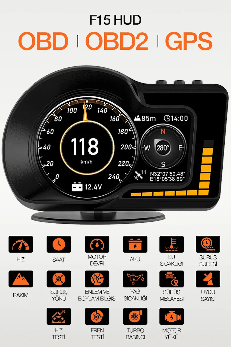 F15 HUD OBD OBD2 Dijital Kilometre RPM Su Sıcaklığı Basınç Hararet Araç Veri Ekranı Head Up Display
