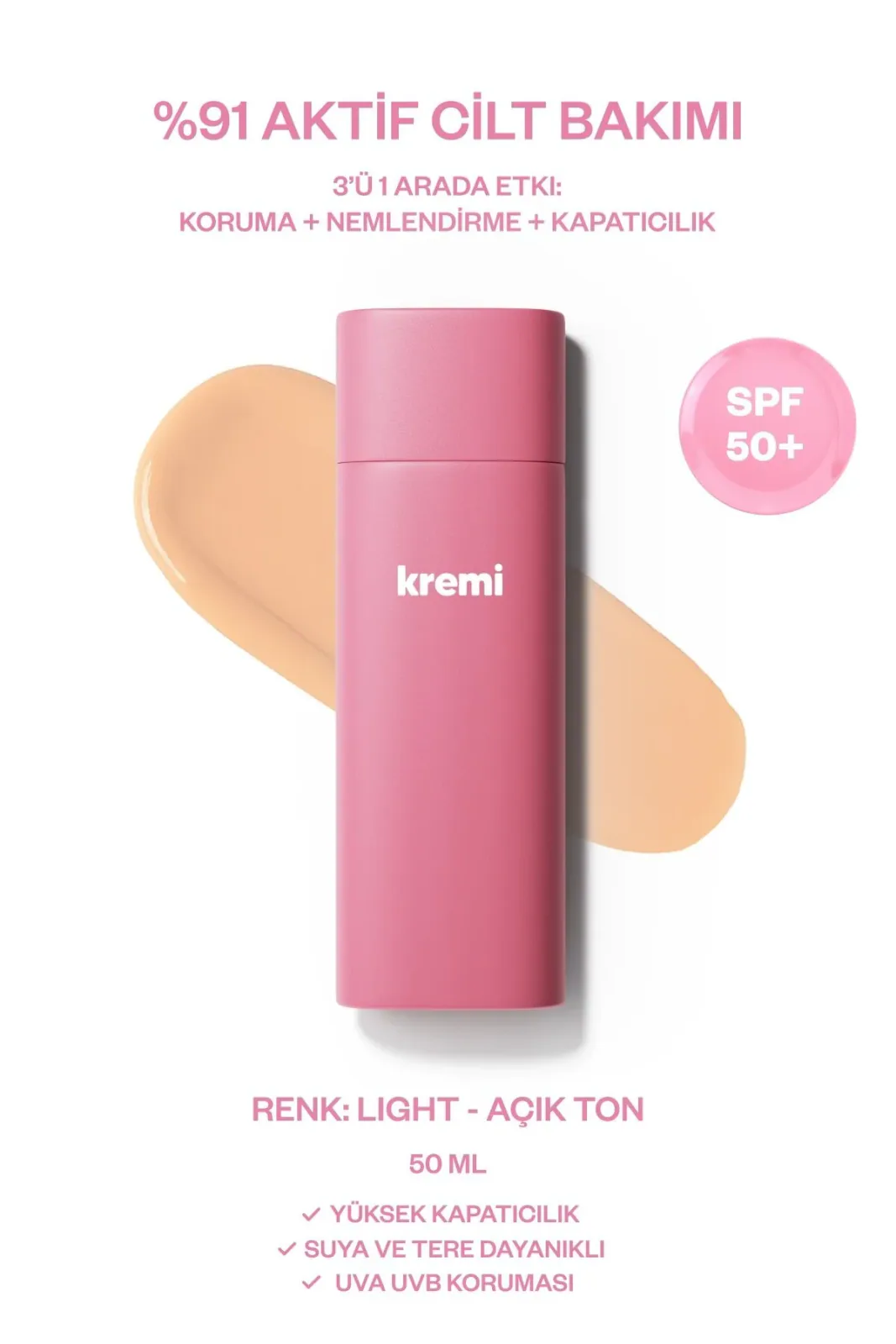 BB Krem SPF50 Yüksek Kapatıcı, Nemlendirici, Ton Eşitleyici - Light 50ml