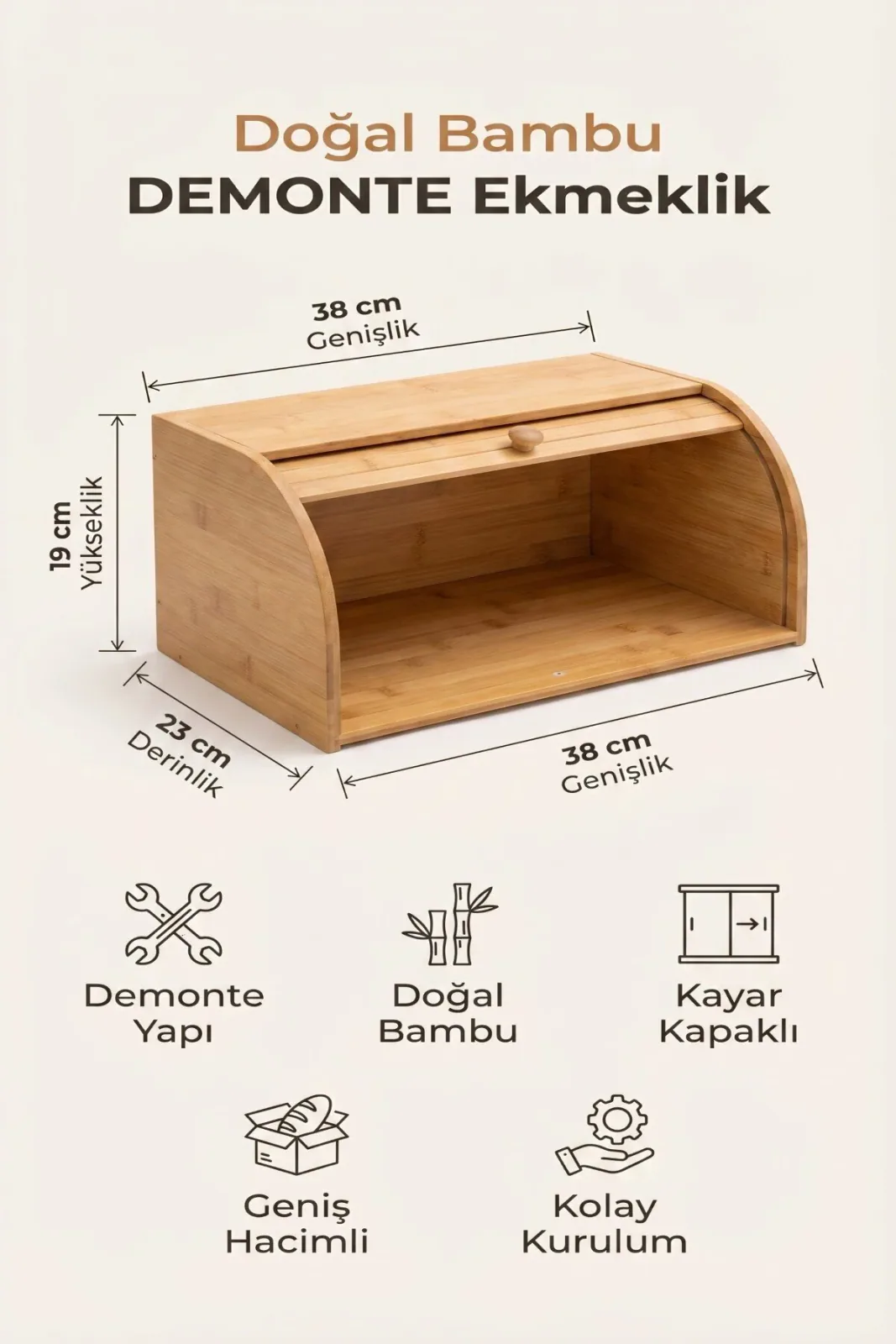 Doğal Bambu Kayar Kapaklı Ekmeklik