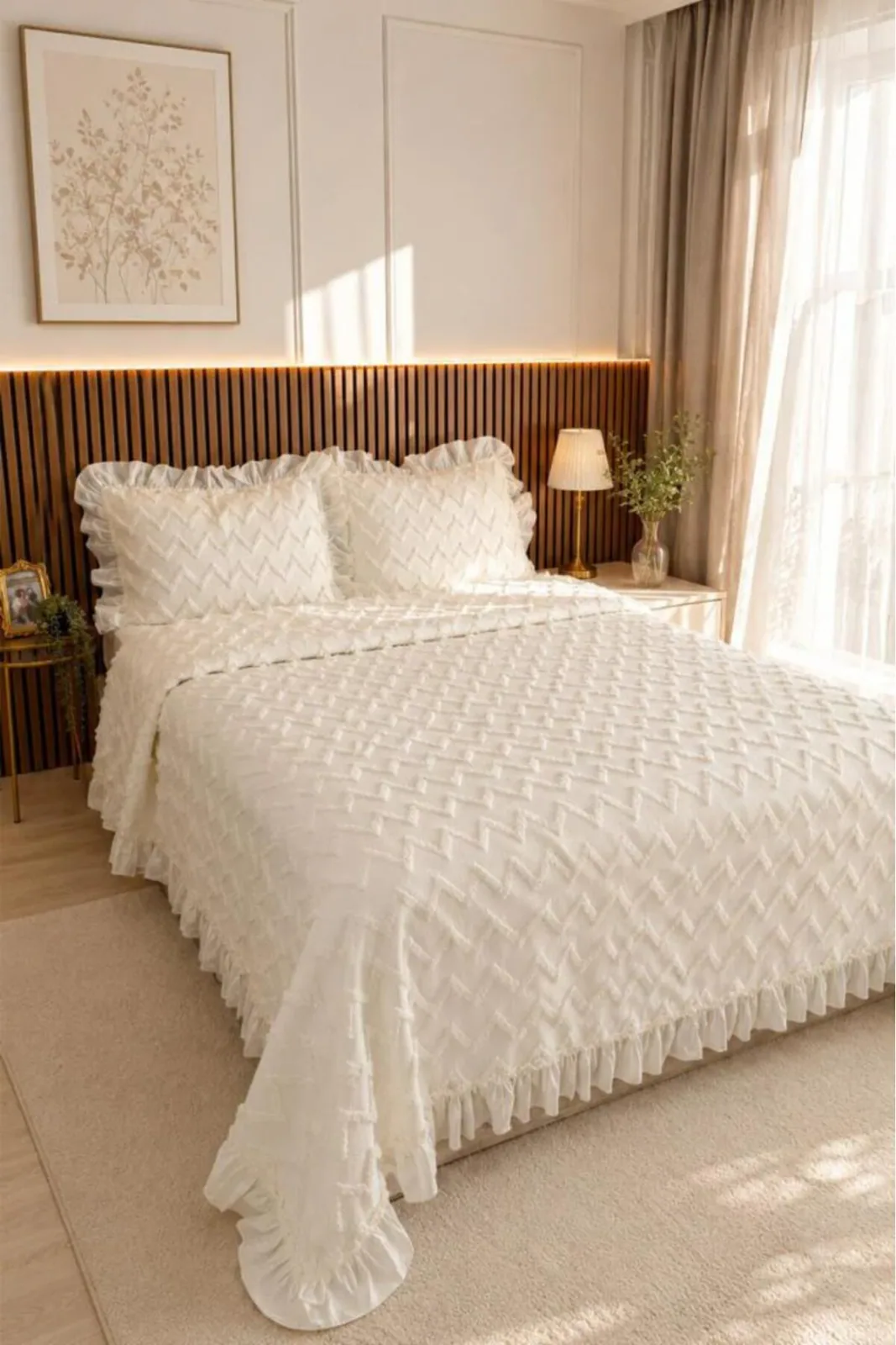 Ruffle Lumpa 3 Parça Çift Kişilik Pike Takımı Krem