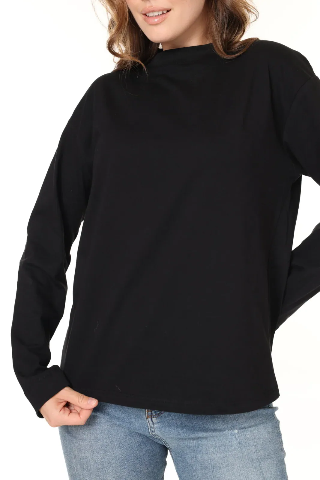 Dik Yaka %100 Pamuk Uzun Kol T-Shirt