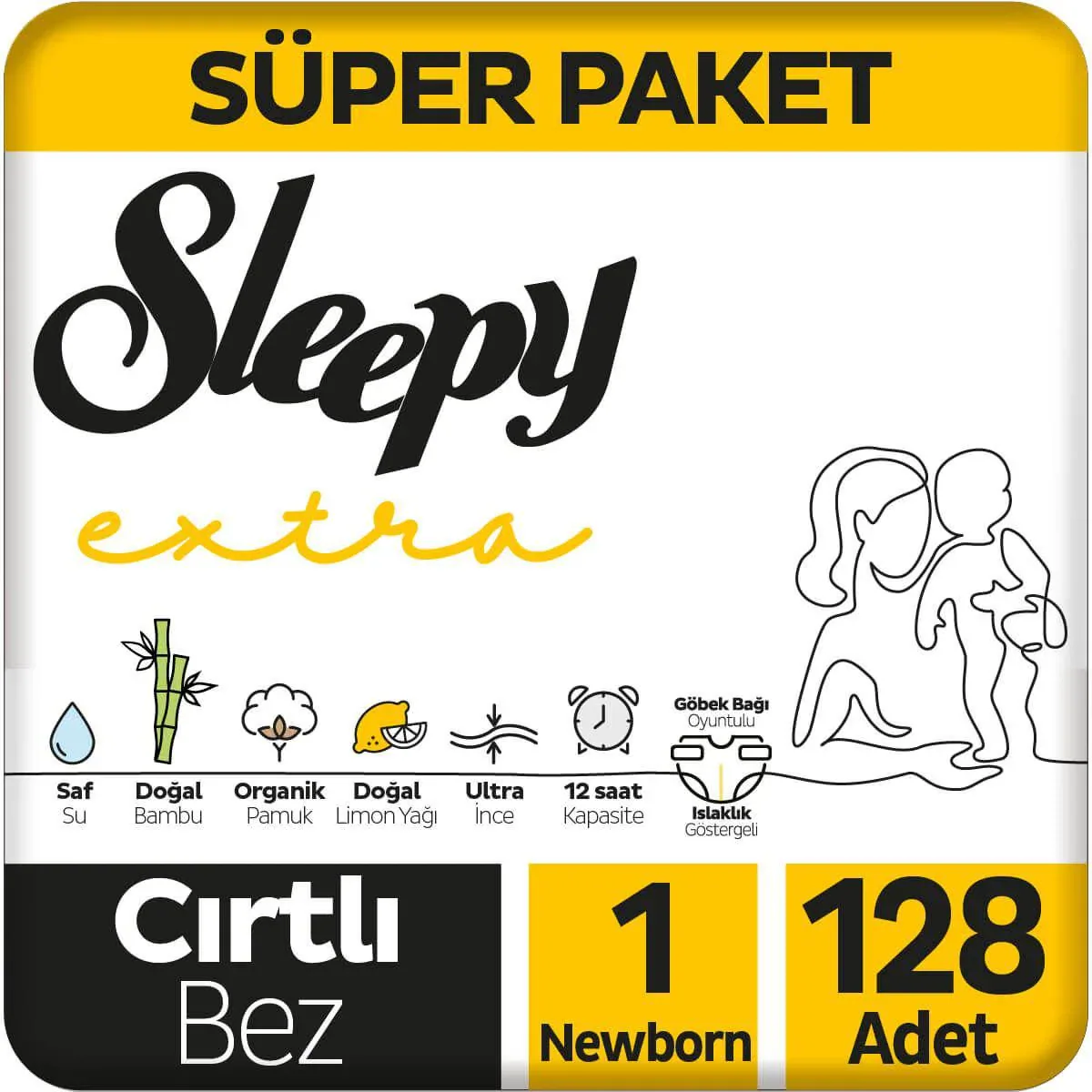Sleepy Extra 1 Numara Yenidoğan 128'li Cırtlı Bez