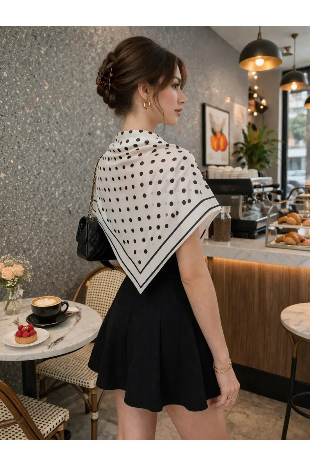 Beyaz Puantiye Model Fular Bandana Şal Estascarf 70x70 Cm