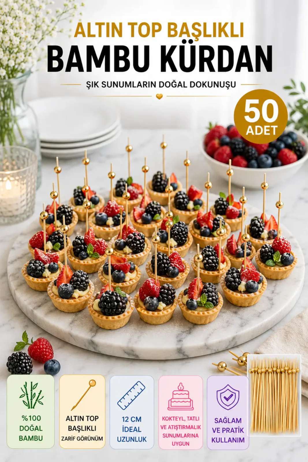 50’li Altın Top Başlıklı Bambu Kürdan Seti