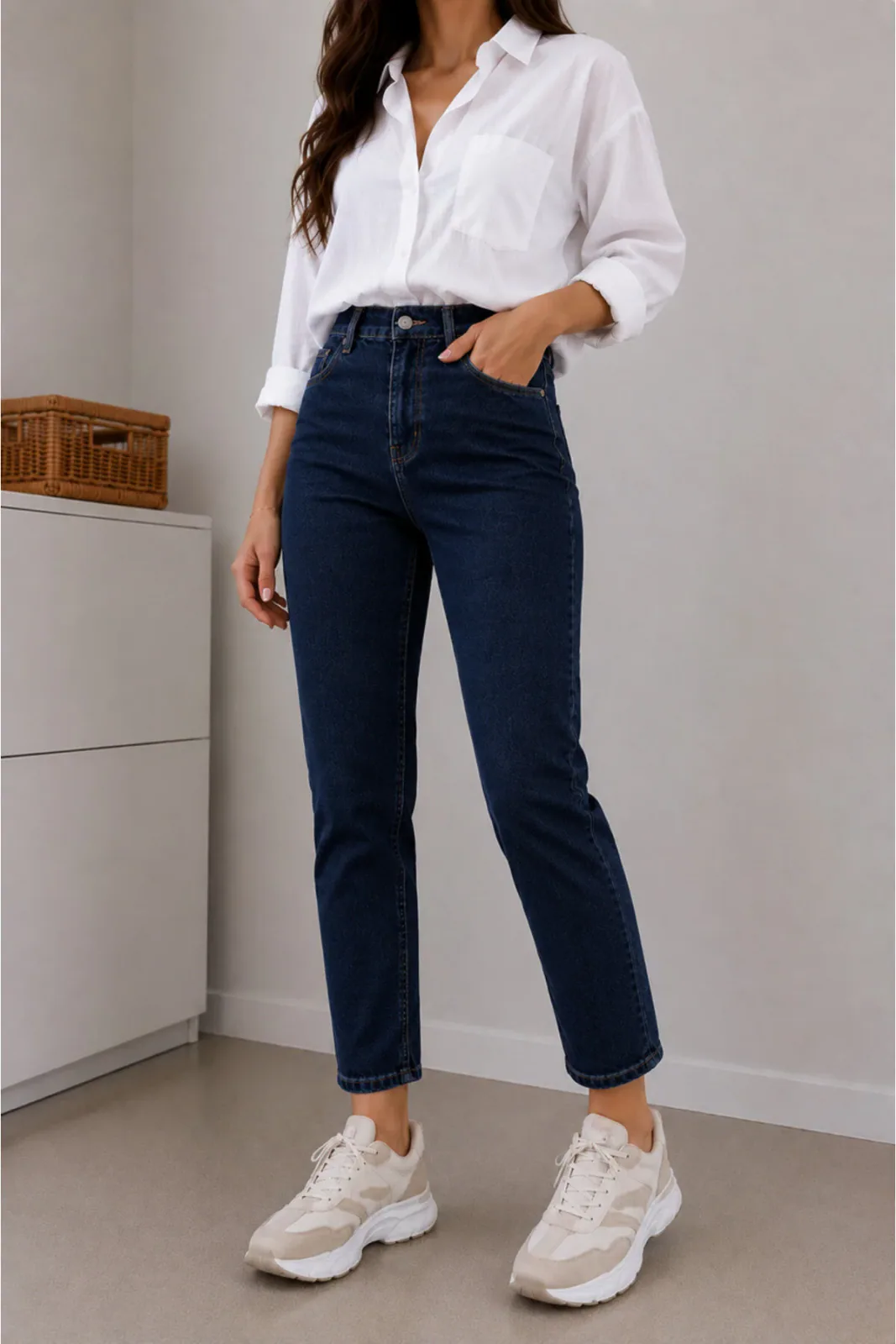 Alley Kadın Koyu Mavi Yüksek Bel Likralı Trend Mom Jean