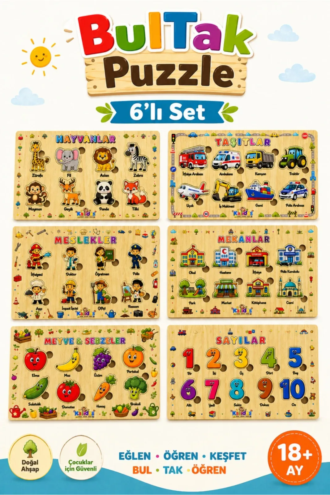 Ahşap Türkçe 6’lı Mega Set Eğitici-Öğretici Bul Tak Yapboz | BulTak Puzzle | Montessori Dikkat ve Eşleştirme Oyunu
