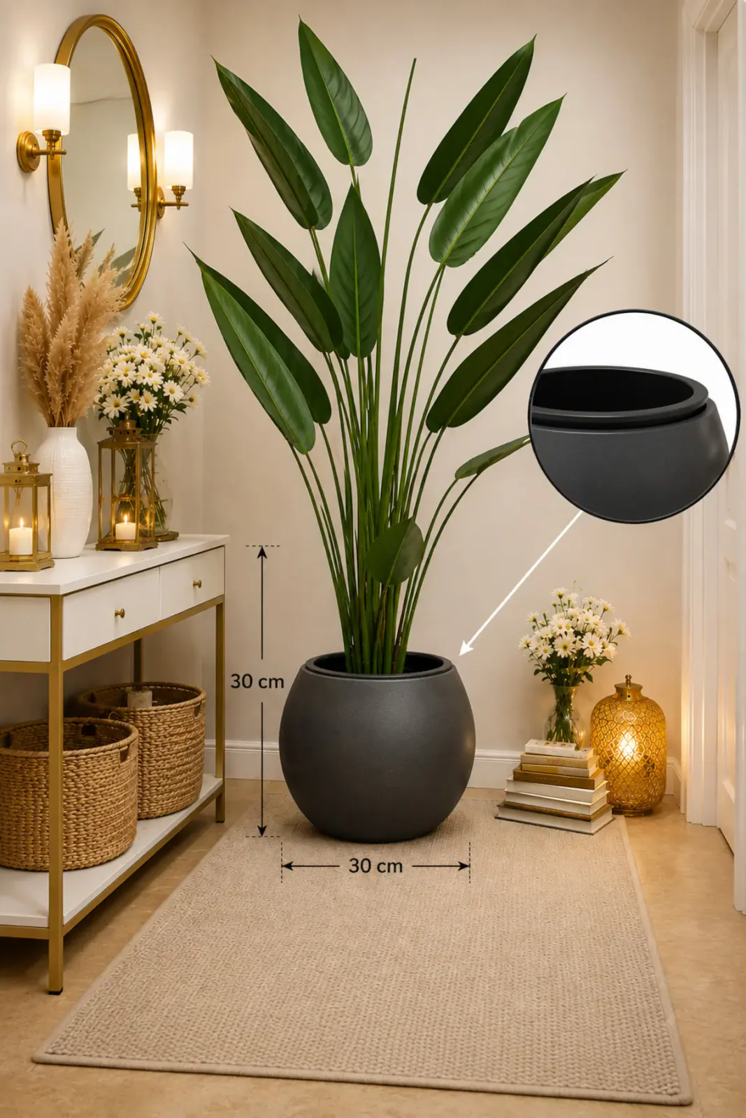 İÇ DRENAJ HAZNELİ ANTRASİT KÜRE 30 SAKSI 39x38 SALON SAKSI