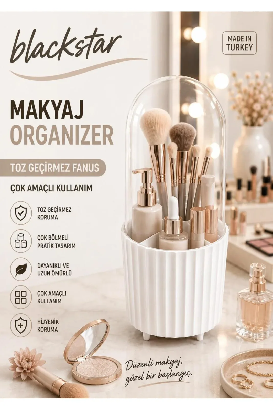 Şeffaf Kapaklı Fırça Kozmetik Makyaj Düzenleyici Organizer Beyaz