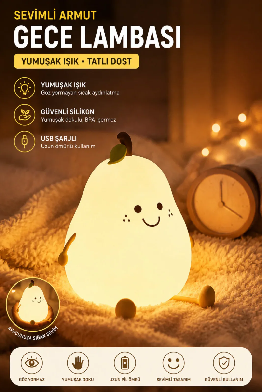 Renkli USB Şarj Edilebilir Armut Gece Lambası