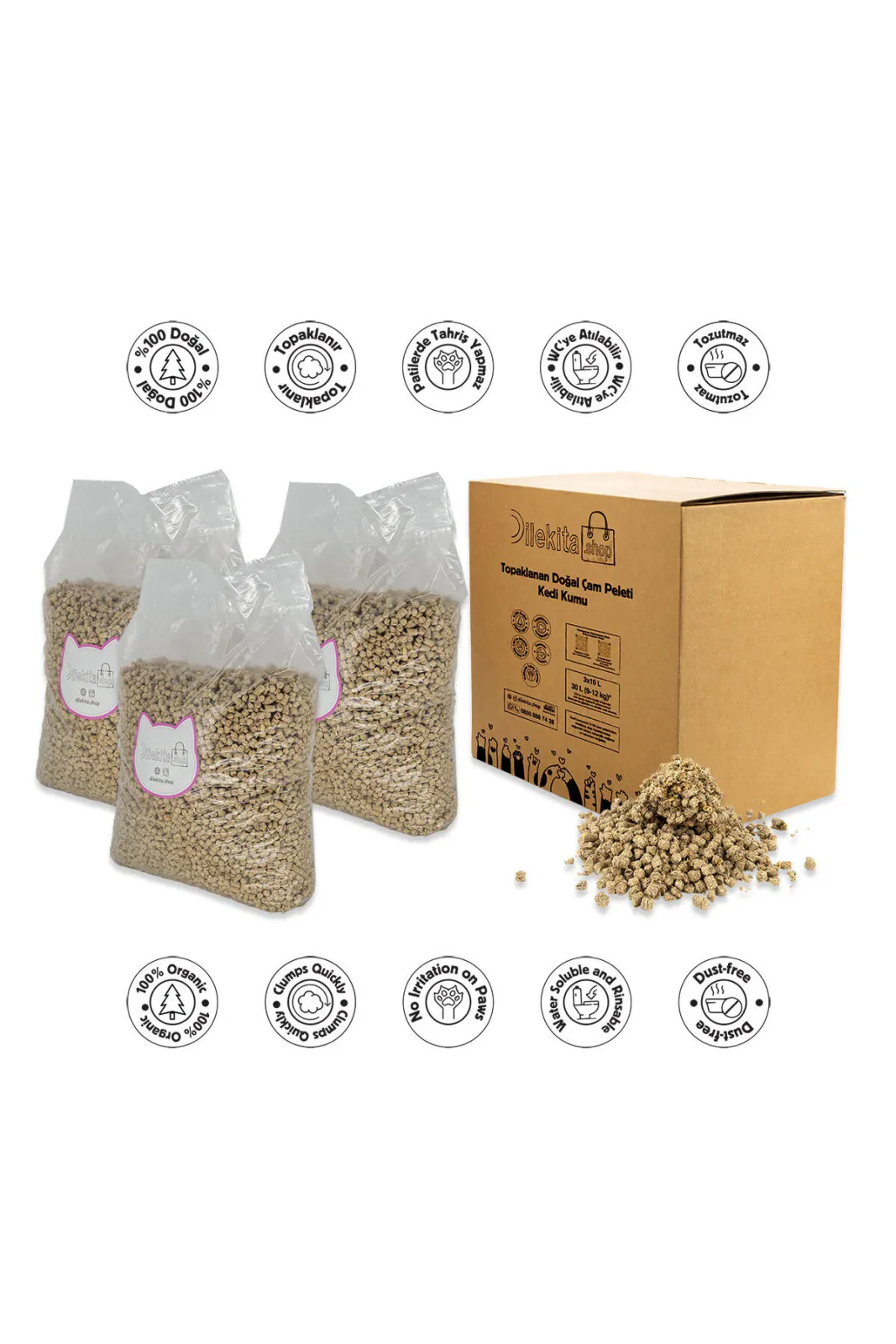 Topaklanan Doğal Çam Peleti Kedi Kumu (10 LİTRE / 3-4 KG. X 3 ADET)