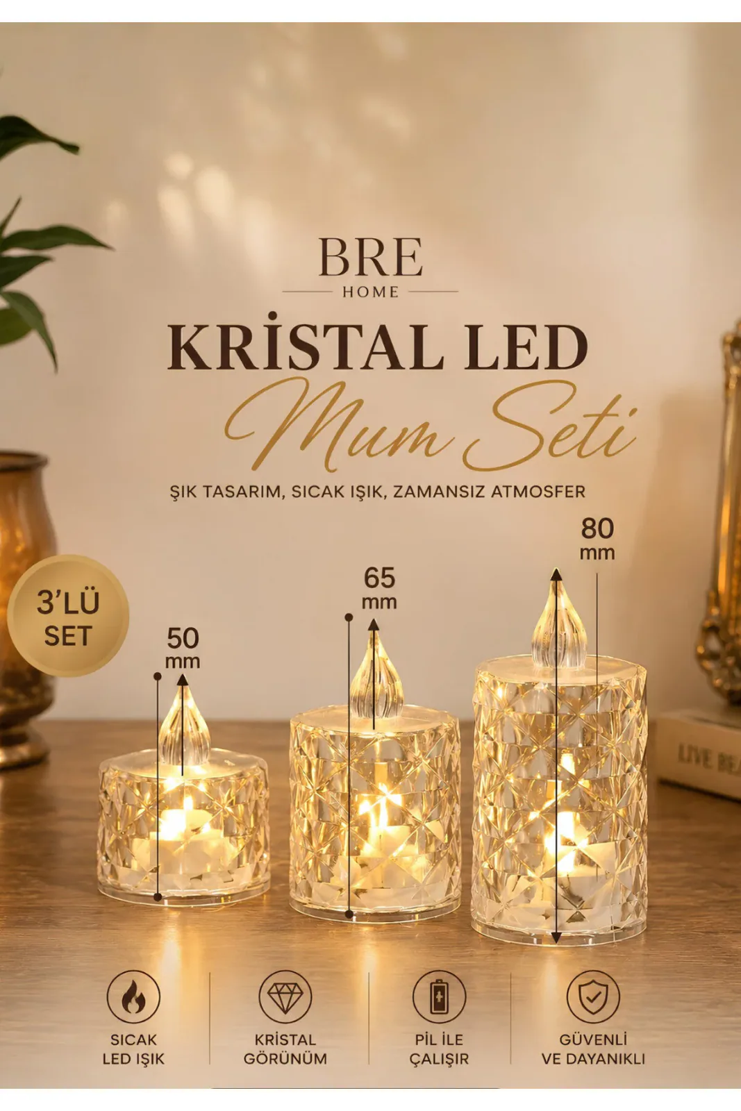 3’lü Kristal LED Mum Seti Dekoratif Pilli Mum