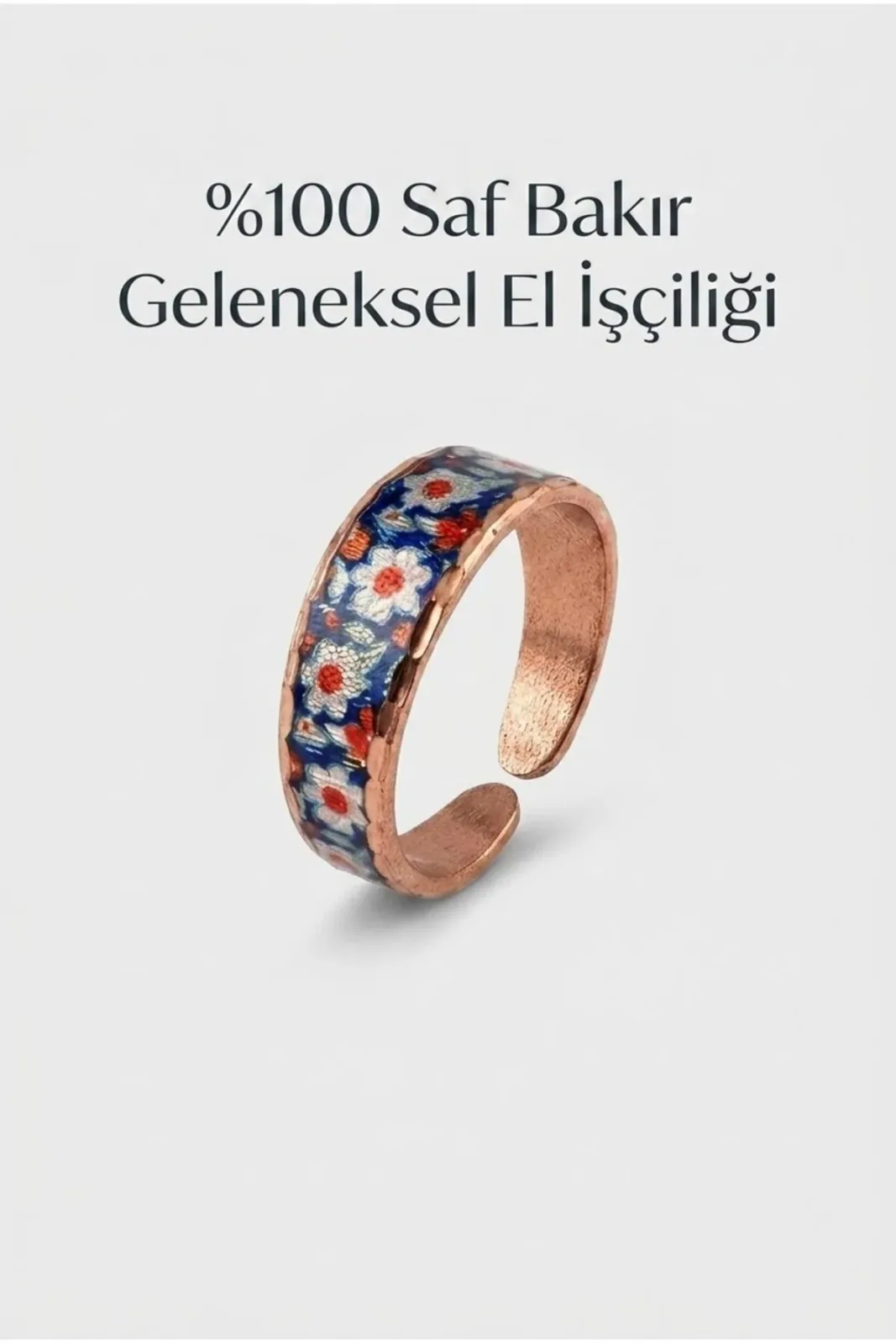 Mavi Kırmızı Çiçek Desenli Ayarlanabilir Bakır Yüzük