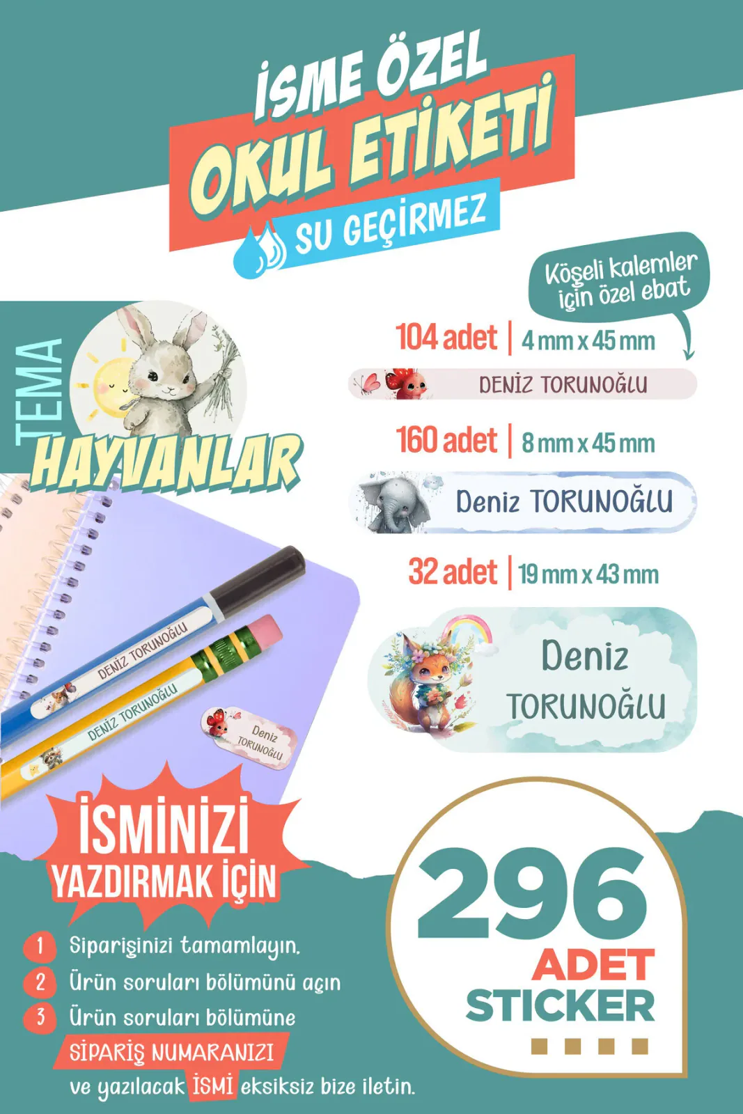296 Adet Hayvanlar Temalı Okul Etiketi