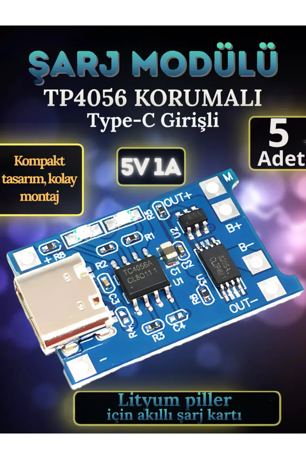 TP4056 Type-C Li-ion Pil Şarj Kartı (Koruma Devreli) – 5 Adet