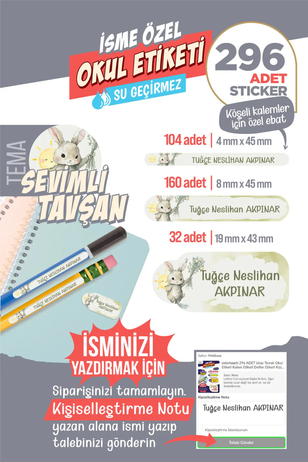 296 Adet Sevimli Tavşan Temalı Okul Etiketi